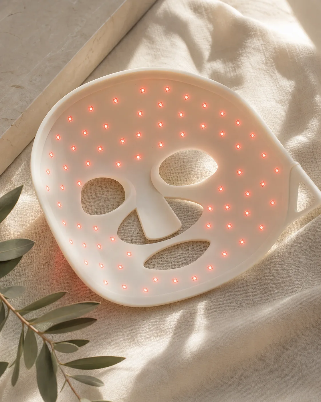 Interior of an ivory mask with its red LEDs illuminated