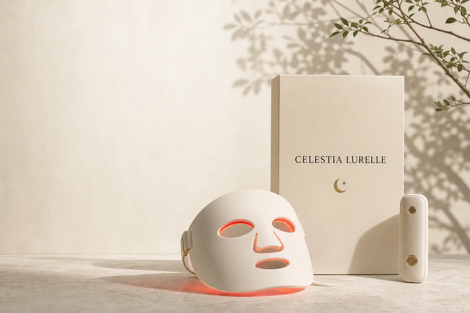 Celestia Lurelle ivory light therapy mask, controller, and presentation box